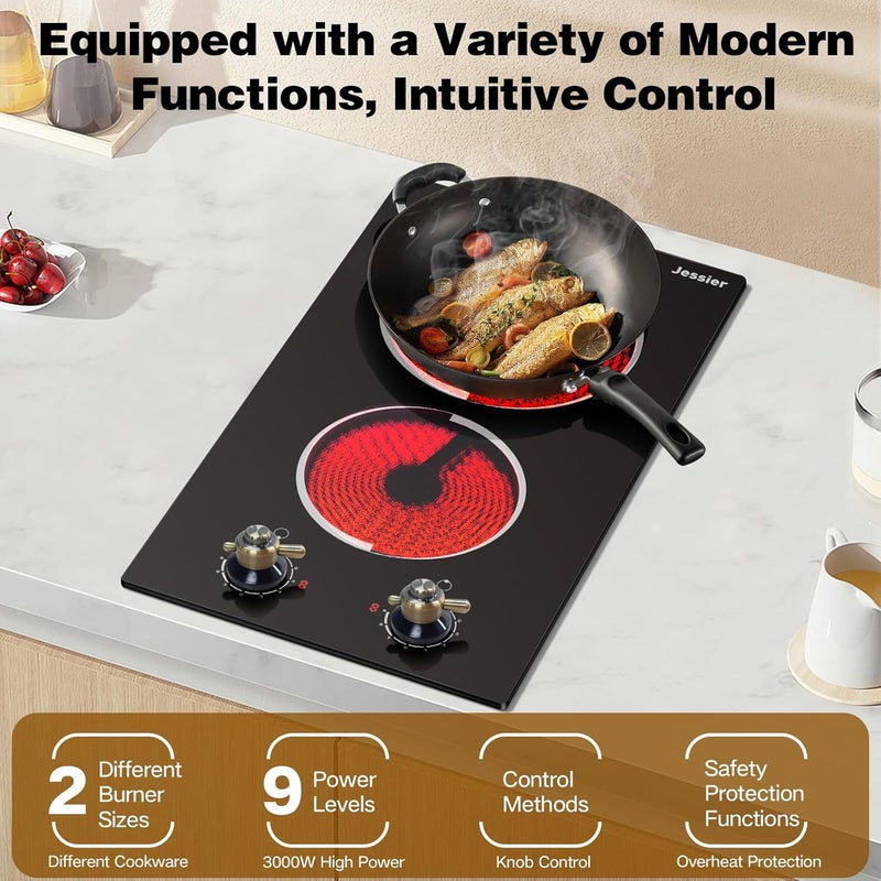 Jessier 2 Burner Electric Cooktop - Built-in 3000W Two Burner Electric Stove, 220V Ceramic Cook Top with 9 Power Heating Levels, Knob Control, 220V - 240V Hard Wired (No Plug) - Image 4